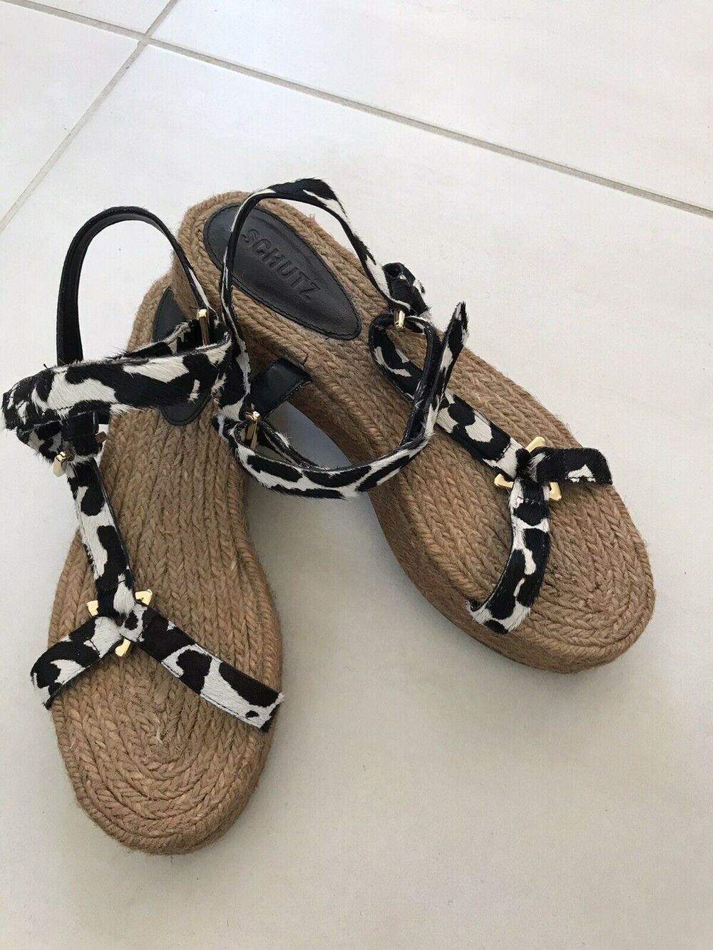 Schutz Sandalia Salto Baixo Platform Jute Animal Print Sandals
